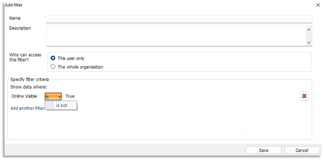 Image of adding a filter for Online Visibility within the Care Record setting as true 
