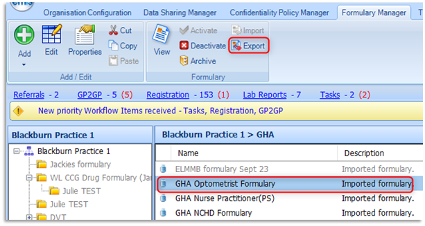 Picture of highlighting a Formulary and then selecting 'Export' on the ribbon in the Formulary Manager section
