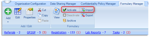 Image of the Formulary Manager screen Activate and Import options on the ribbon