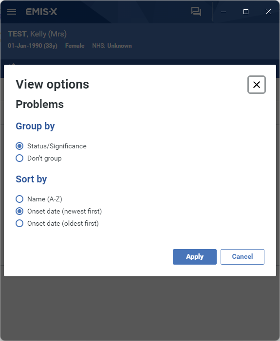 Image of Problem view options: group by status/significance or none, or sort by name (a-z), Newest/oldest onset date