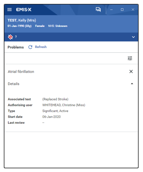 Image of the problems details such as associated text, authorising user, problem type, start/last review date