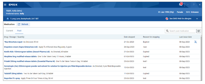 Image of past drugs screen showing drug/dosage/qty, date stopped, reason, last issue date, search medication field, PFS indicator