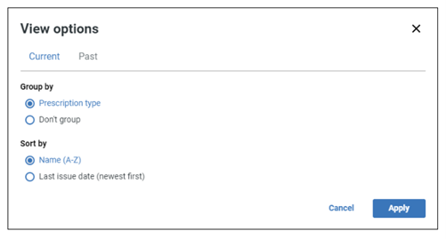 Image of current/past view options, group by prescription type or none, sort by name (a-z) or last issue date (newest first)