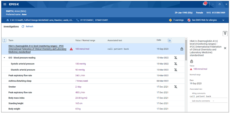 Investigations list including columns of terms/values/dates/range etc. including PFS indicator.  Values displayed in purple, and abnormal (red triangle, surrounding an exclamation mark)